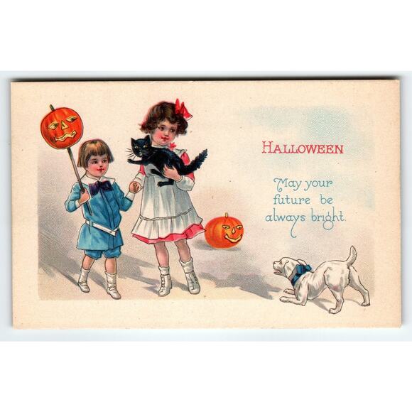 Vintage 1910s Halloween Postcard Kids with Black Cat & Jack-o'-Lanterns Stecher - Picture 1 of 2
